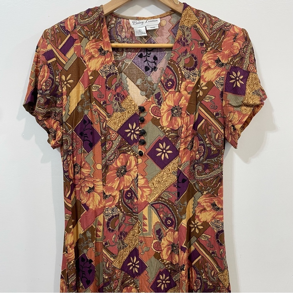 Betsy Lauren Button Front Floral Abstract Vintage Rayon Front Slits Dress Size 6 - Picture 4 of 8